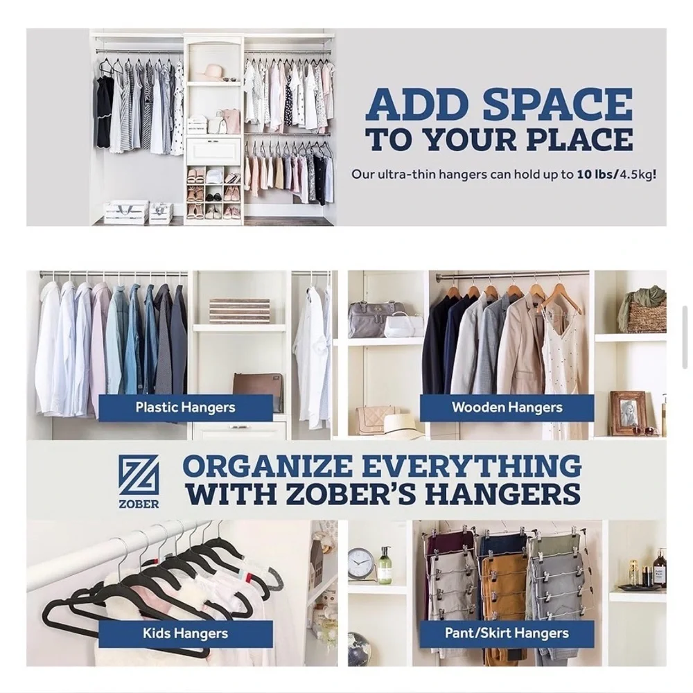 Zober Black Velvet Non-Slip Clothes Hangers | Slim Space-Saving | Box of 50